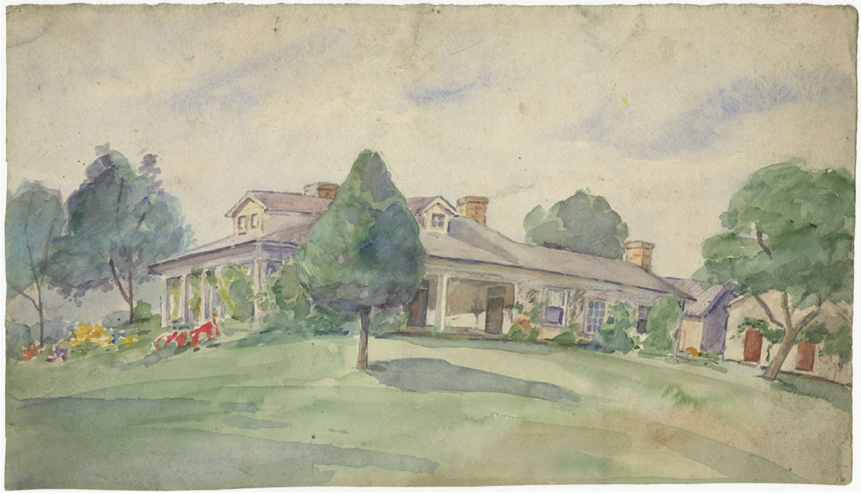 A painting depicting a house with an idyllic yard filled with several small trees and flowers. 