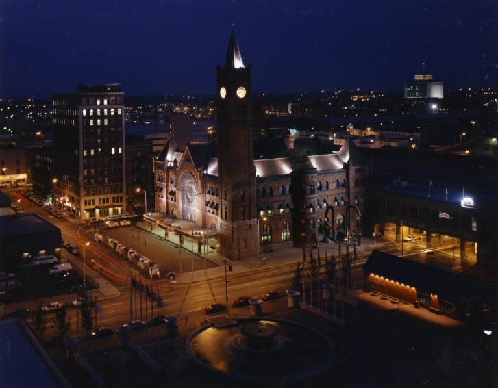 Aerial view of union station at night. 