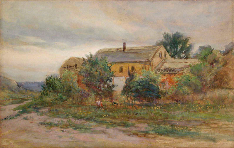 A painting of two people standing in a field in front of a barn. 