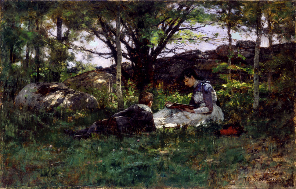 A painting depicting a woman reading to a young boy. They are sitting in a grassy area under trees. 