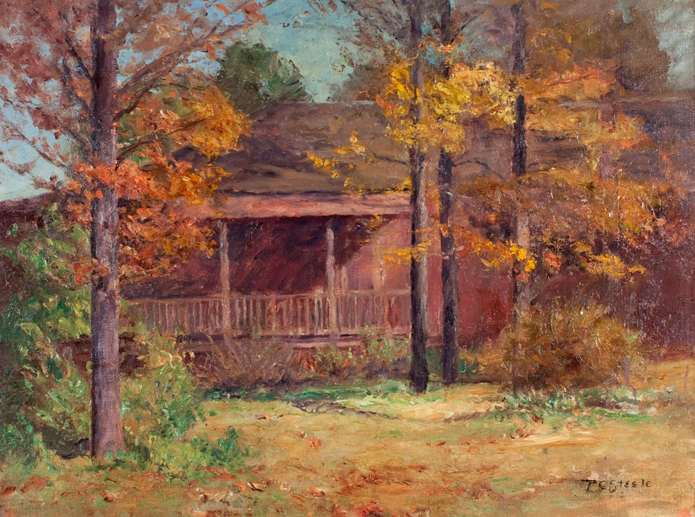 A painting depicting a cabin in the woods. T. C. Steele, 1917.  Steele’s House of the Singing Winds is the dominant subject of this scene of his home in Brown County.  From the collection of the Indiana State Museum and Historic Sites
