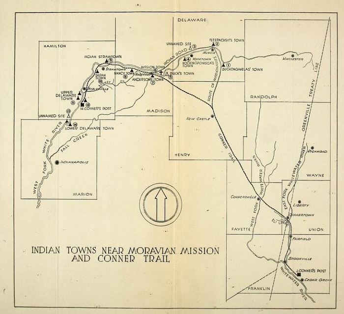 Map showing several Indiana counties. A line drawn through the counties shows Native American sites along the Conner Trail.