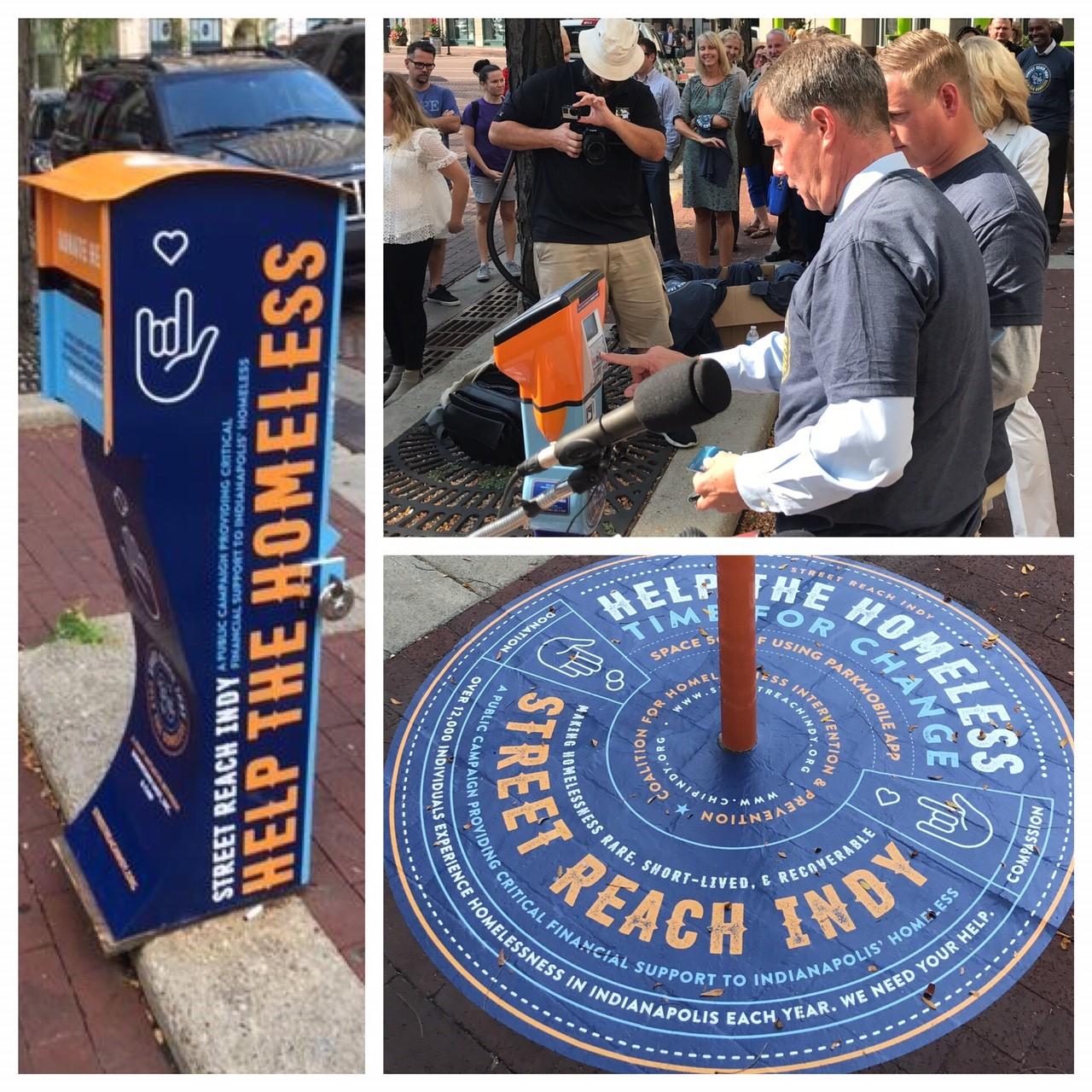A group of three photos. Two show Street Reach Indy signs and boxes. The third shows a man using one of donation boxes.