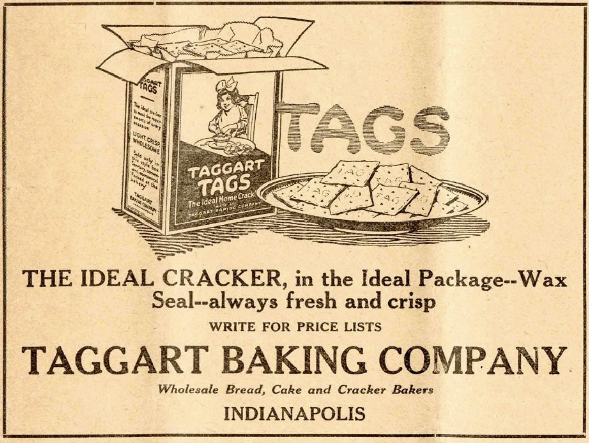 An ad showing an illustration of a box of crackers and crackers on a plate.  