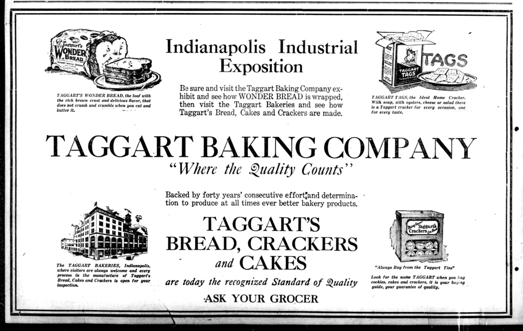 An ad with illustrations of bread, crackers, and a building. 