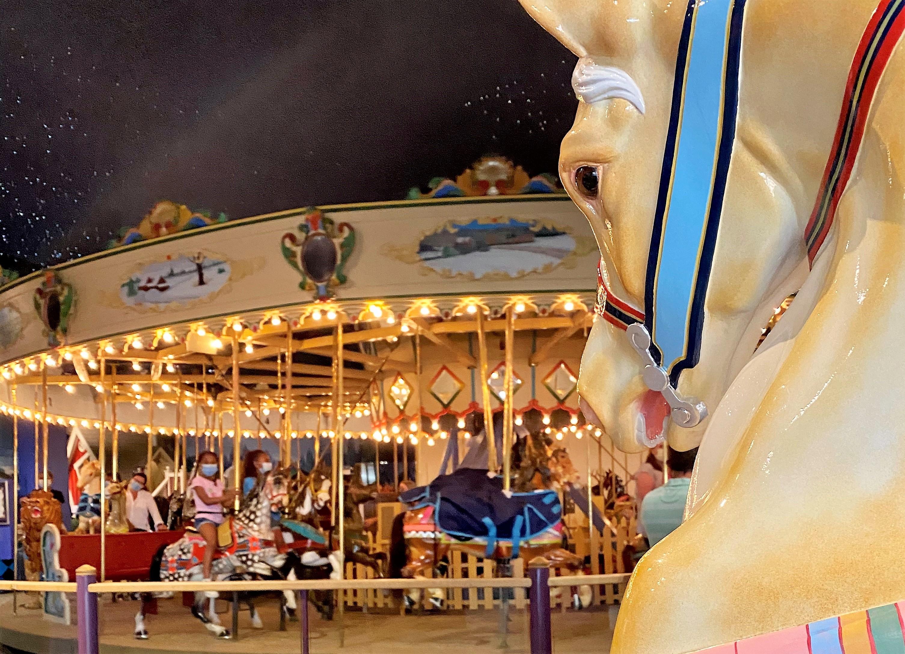 A carousel inside a building. A carousel horse is shown in the foreground.
