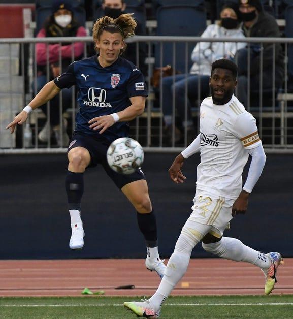 Two players on a soccer field.