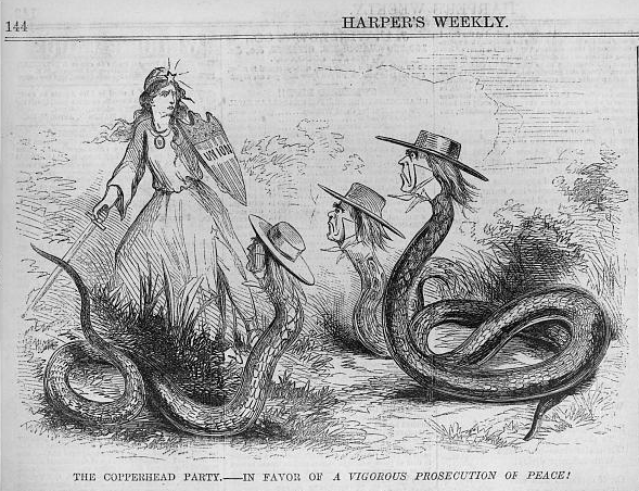 A woman holds a sword and a shield with "Union" on it and stands in front of three man-headed serpents. Below is written "The Copperhead Party - In Favor of a Vigorous Prosecution of Peace!"