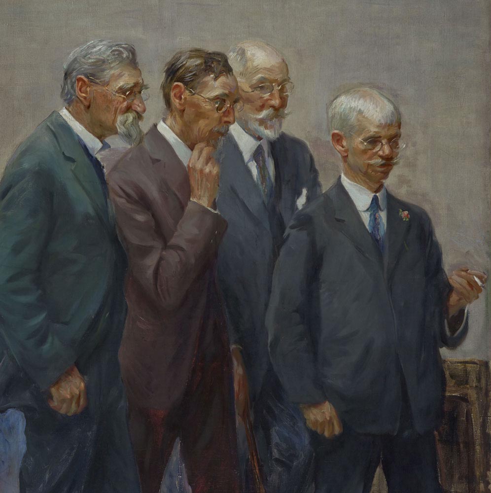 A painting depicting four older men. 