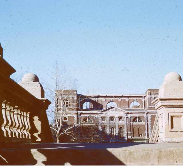 A view of the recently burned Tomlinson Hall from the steps of the former Marion County Courthouse. 