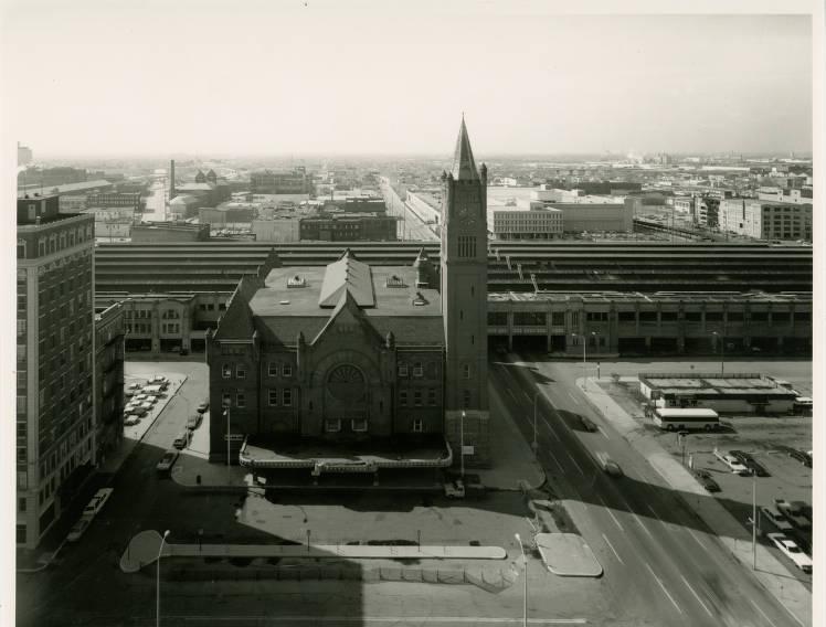 An aerial view of the front of Union Station. 