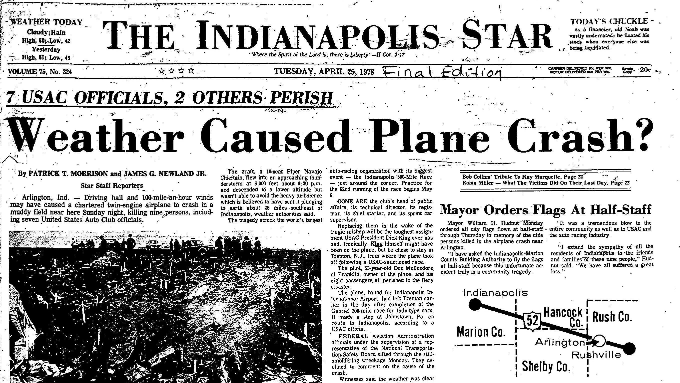 A news clip from the Indianapolis Star with a headline that reads "Weather caused plane crash?"