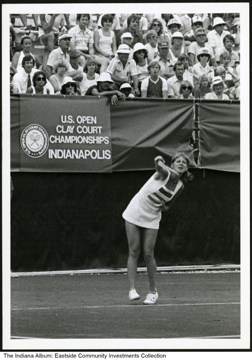 A tennis player is captured mid-hit. The stands behind her are filled with fans.