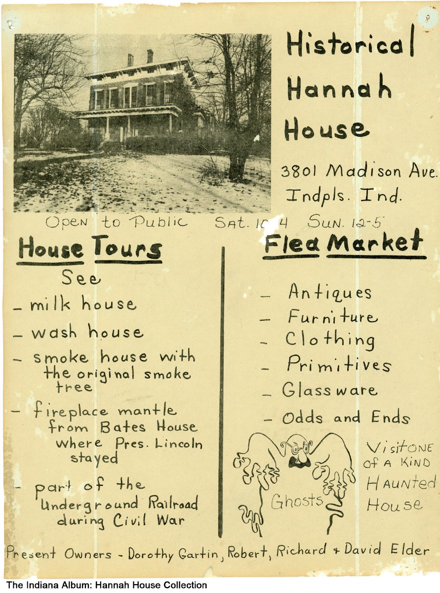 Handmade poster with an image of the multi-story home and information about tours and a flea market.