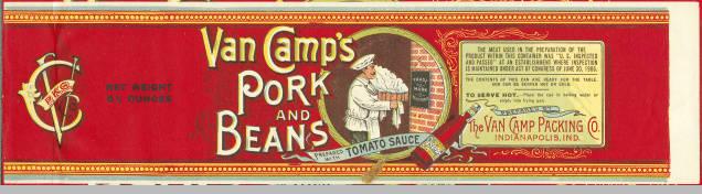 Red background label with an illustration of a cook and description of contents along with cooking instructions.