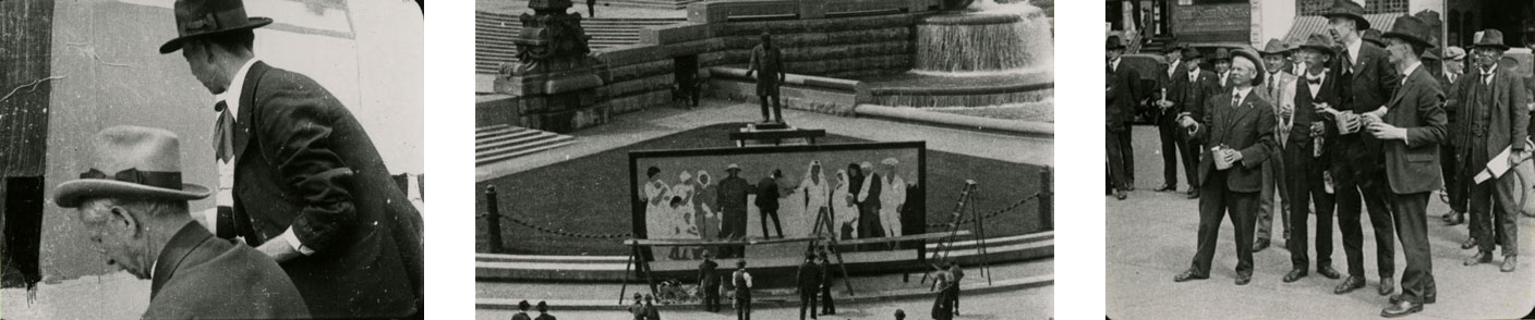 A collage of three photographs. One shows a close up of two men painting, the middle shows a wide view of several people working on a large mural, and the last shows several men standing next to each other and looking at something off camera. 