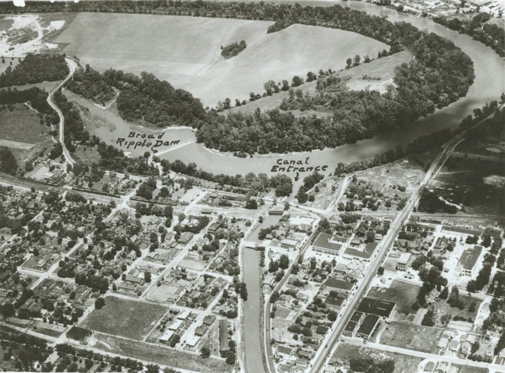 Aerial view of the White River and its connection to the Indiana Central Canal in Broad Ripple.
