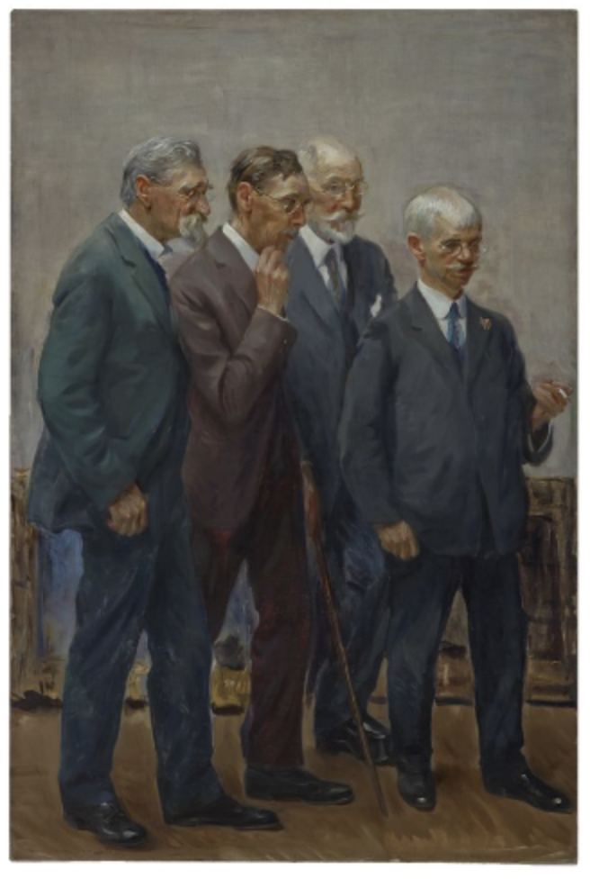 This is an oil painting of four men looking at something out of frame.