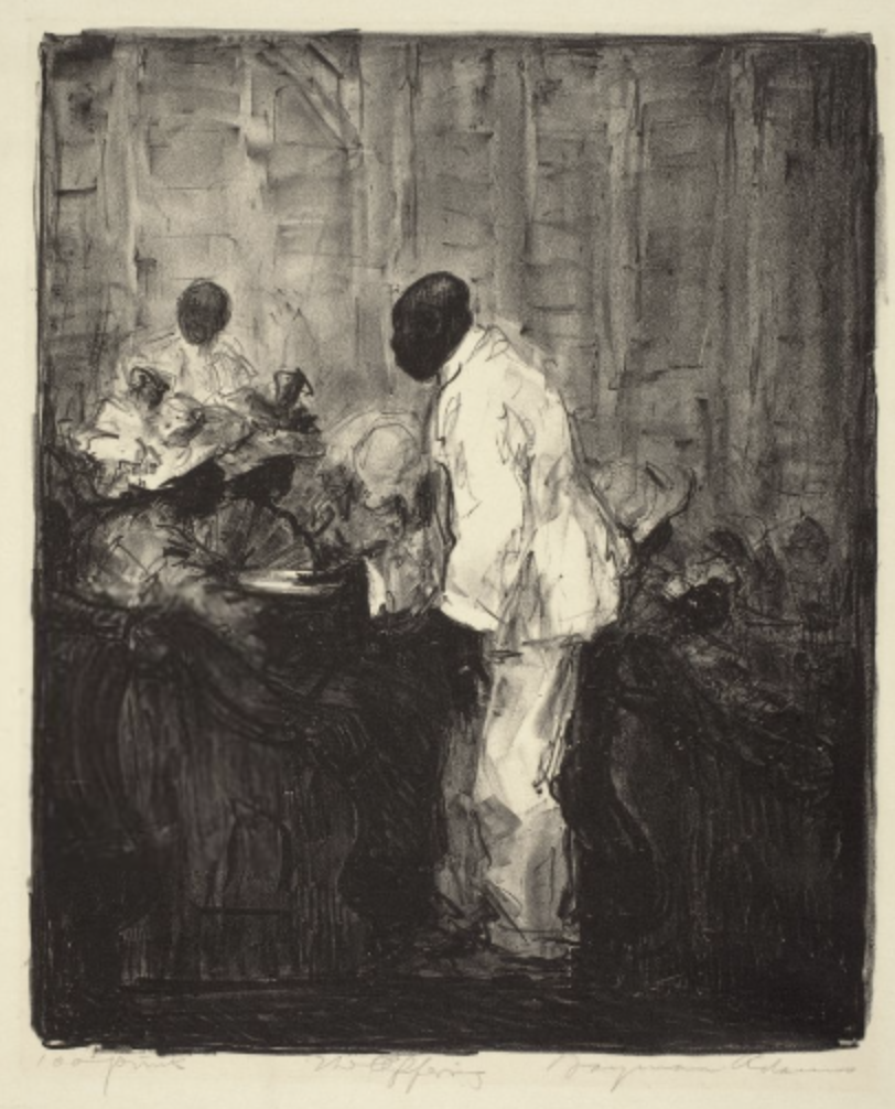 An ink on paper lithograph shows two men passing the offering plate among people seated in pews.