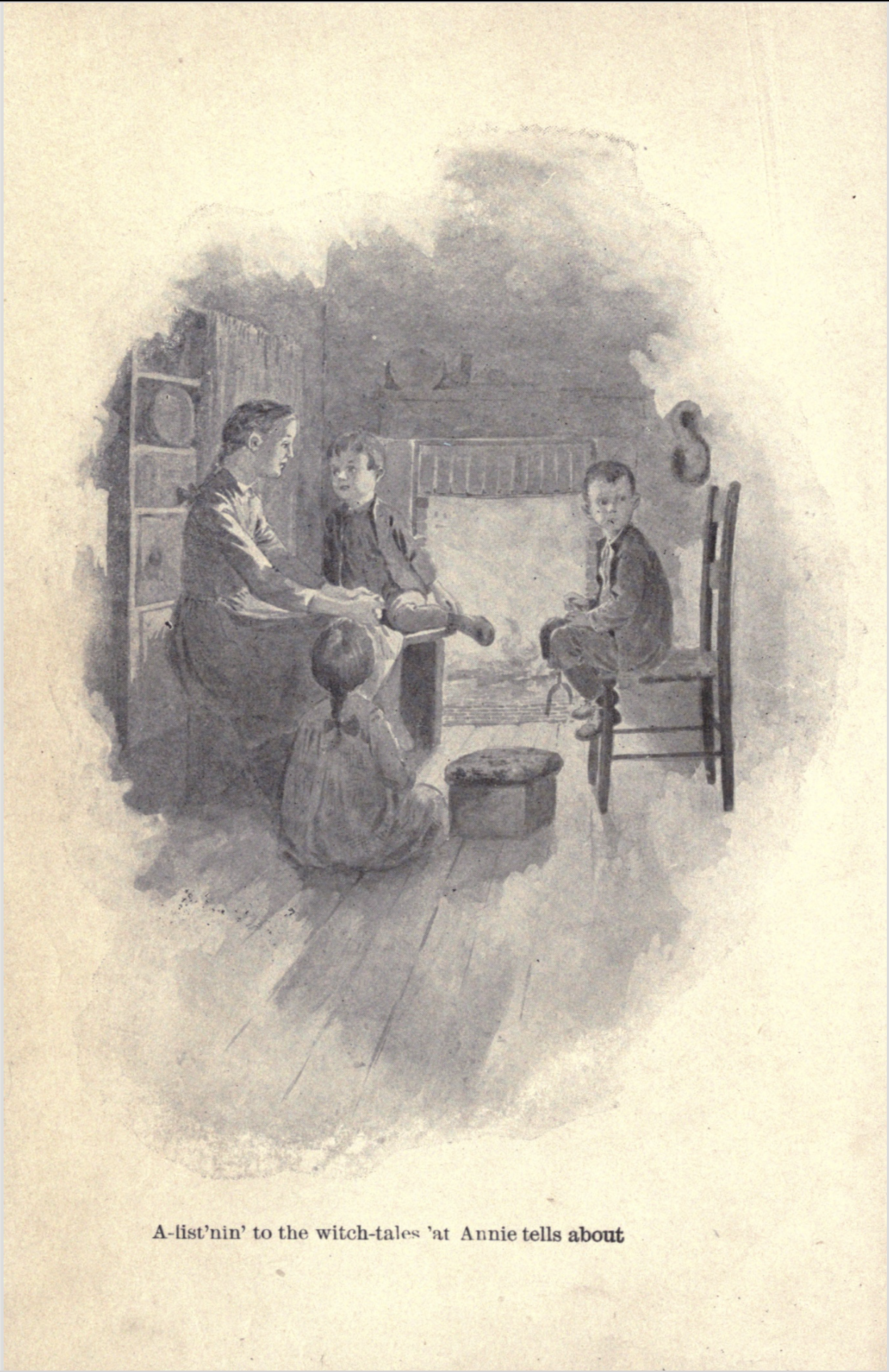 An illustration that features a woman who looks to be telling a story to three children. 