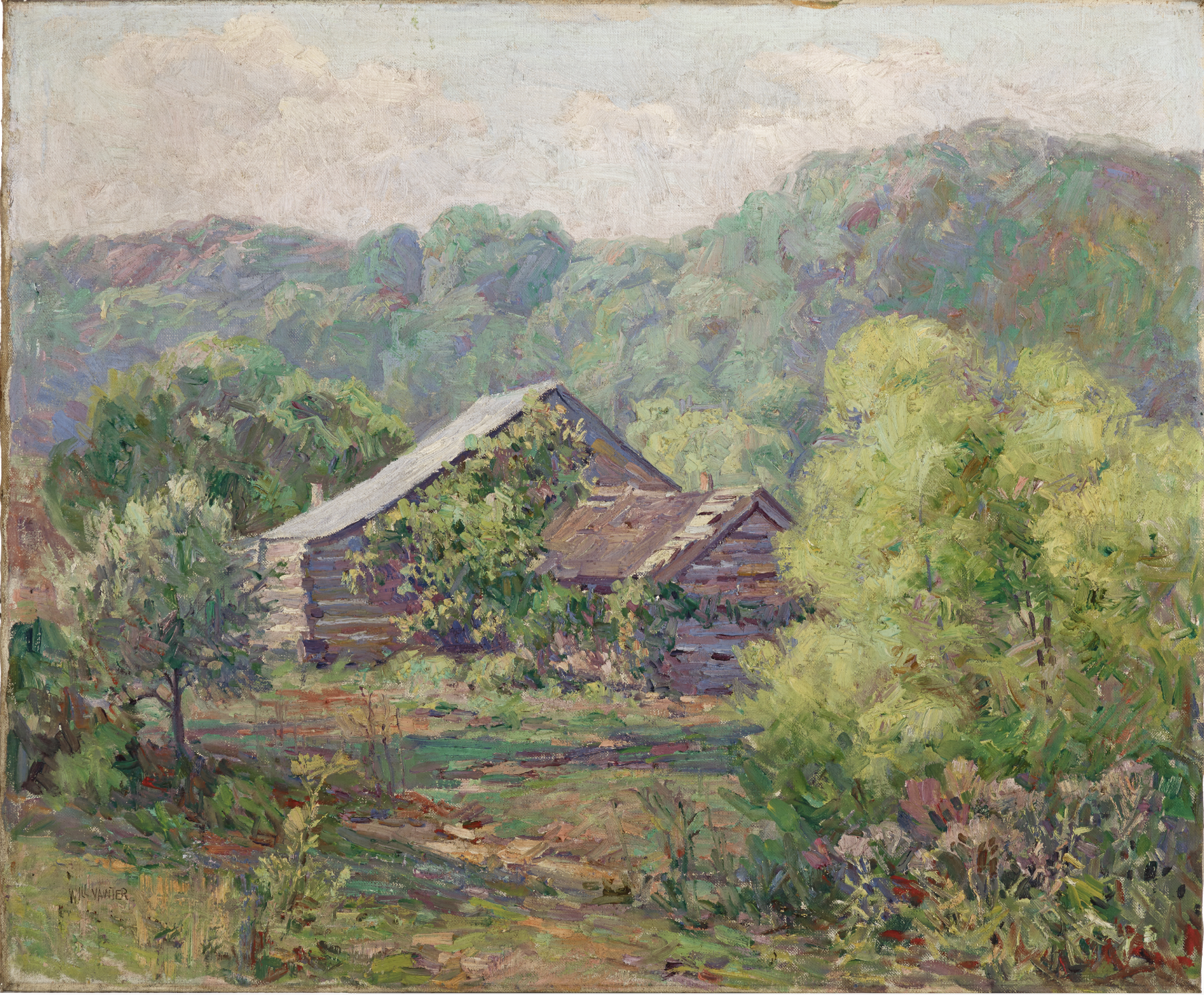 An impressionist style painting that shows a log cabin settled in the middle of a wooded area. 