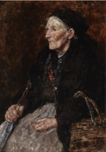 Oil painting of an elderly woman seated in a chair in old-fashioned clothes. She is holding the handle of a furled umbrella in one hand and has a woven basket over her other arm.