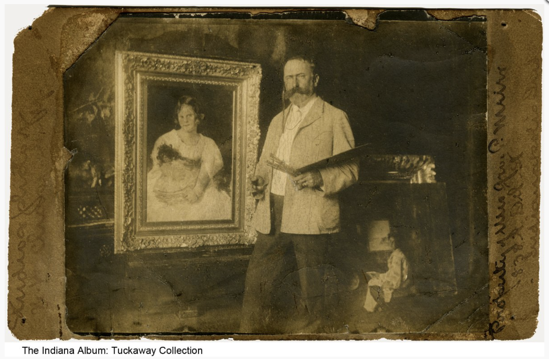 An old photograph of a man holding a palette and brushes and standing in front of a portrait of a young girl.