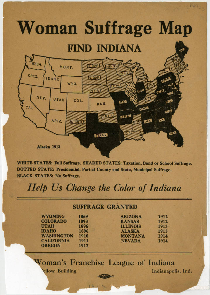 A flyer showing a map of the United States with a list of the states and years that suffrage was granted.