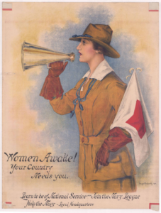 The poster features an illustration of a woman in uniform holding a bull horn.