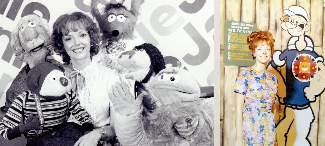 There are two photos collaged together. One shows a woman surrounded by puppets. The other photo shows the same woman standing next to a life-size cut out of the cartoon character Pop-eye.