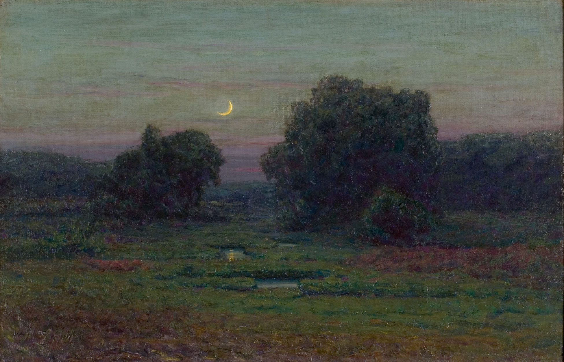 A painting depicting an open meadow with multiple clusters of trees at twilight. 