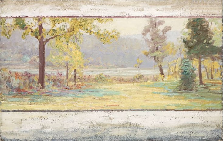 A painting depicting a grassy, tree-filled area with a body of water in the background. 