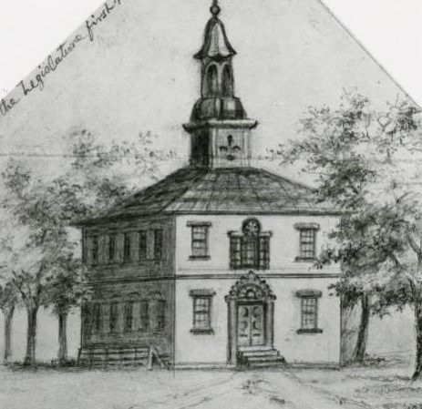 Sketch showing a small two-story church with a central steeple.