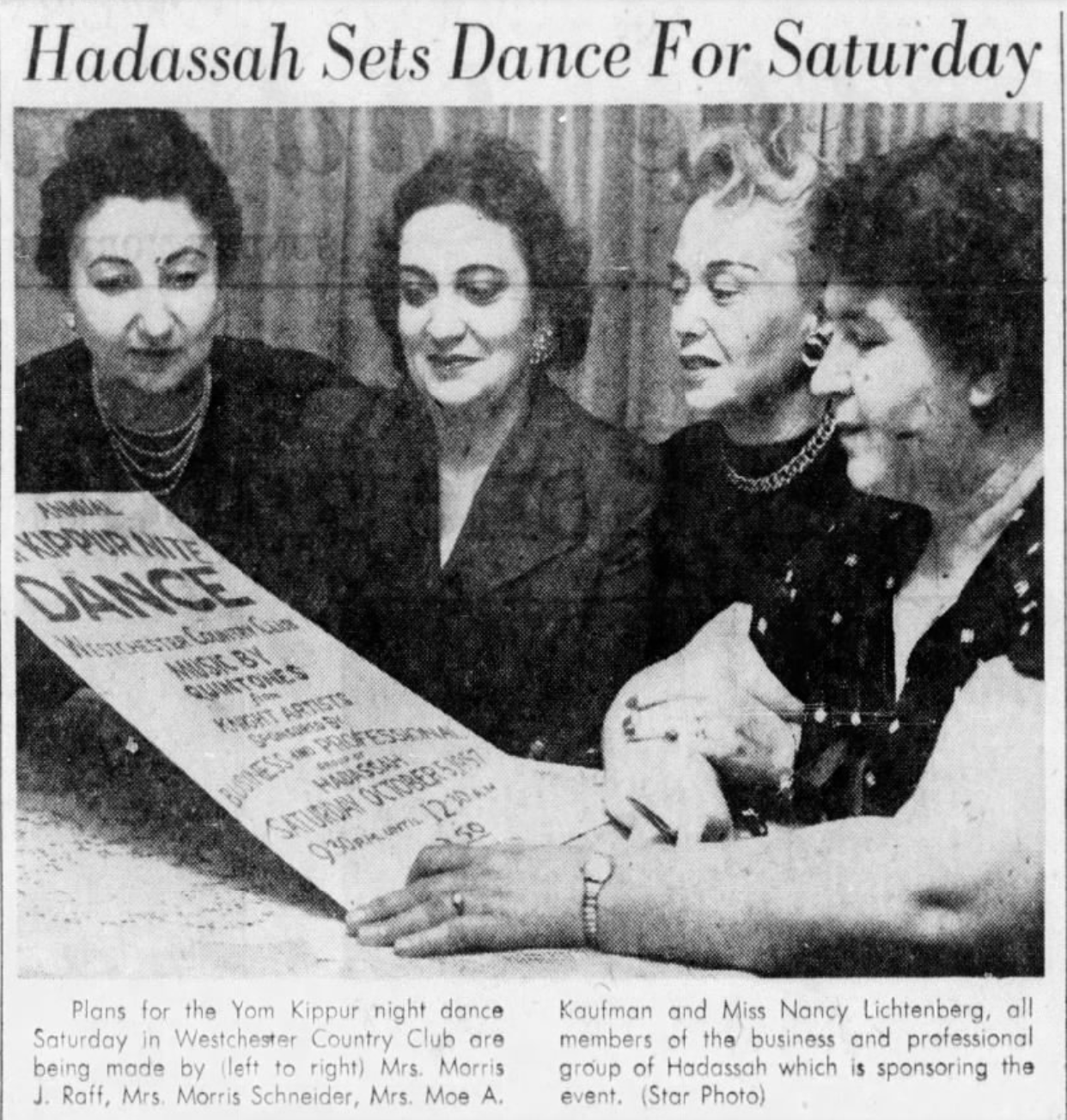 A news clipping shows four women looking at a poster for a dance. The headline reads "Hadassah sets dance for Saturday."
