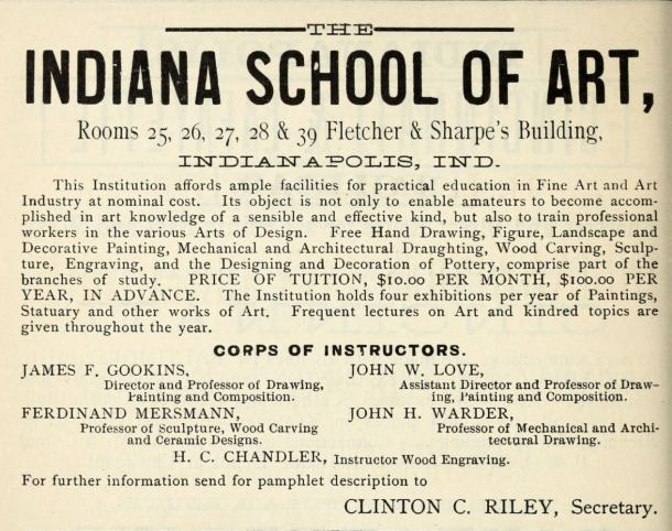 A yellowed page shows an advertisement for Indiana School of Art, 1878. It details the school's location, an explanation of classes and a list of instructors.