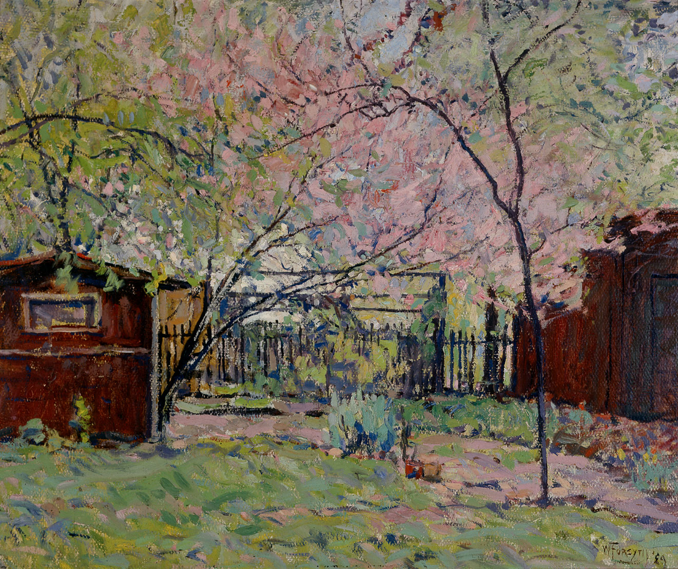 A painting depicts two buildings with a fence running between them. A small walking path is flanked by grass. The trees are pink and green. 