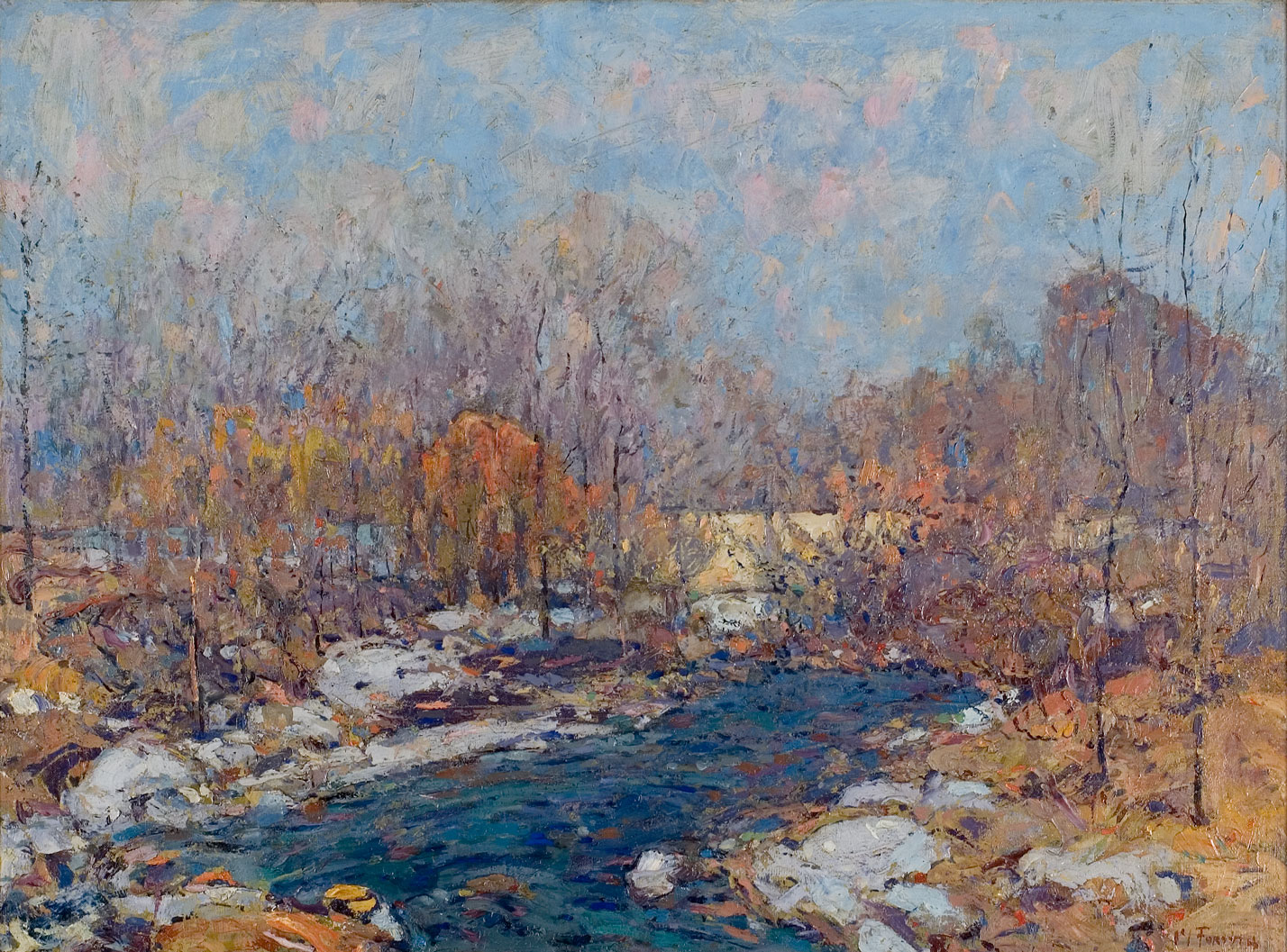 A painting depicting an autumn scene. A tree-lined creek runs under an arched bridge. 