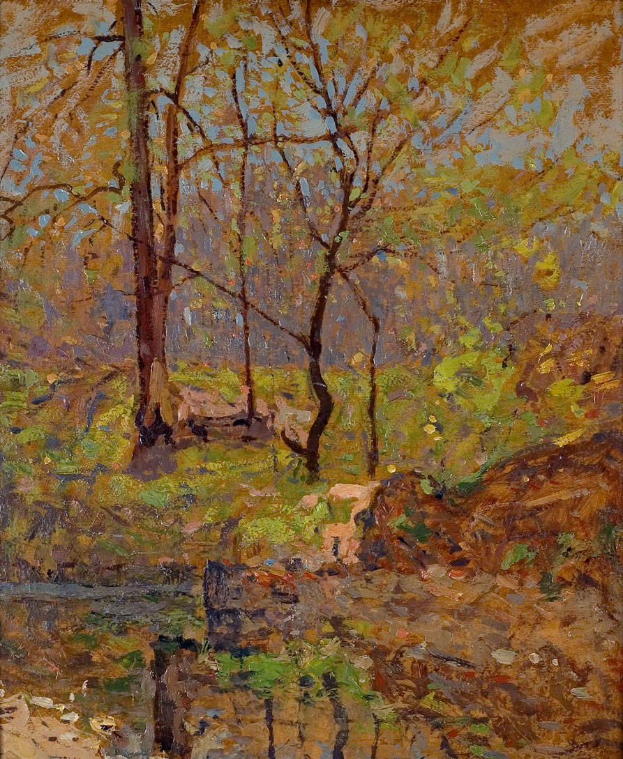 Painting depicts a landscape of a fall woods scene.