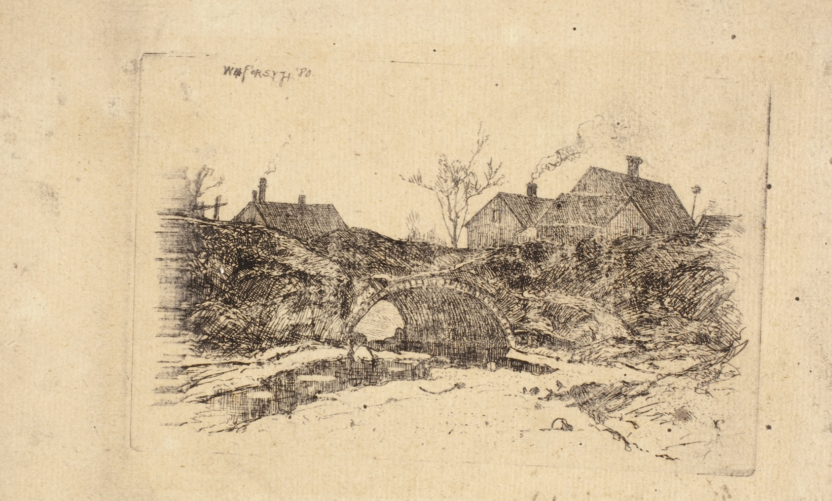 A drawing depicting a small arched bridge with houses in the background. 