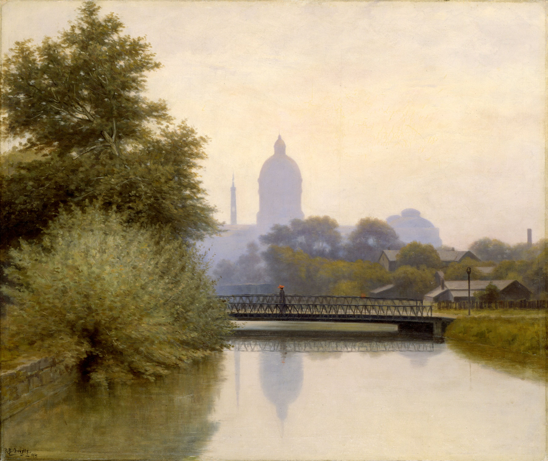 Painting depicts a person walking over a bridge. The capitol building is in the background.