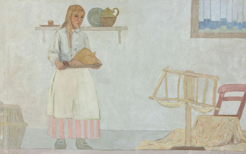 A painting depicting a woman holding a cooked turkey. 