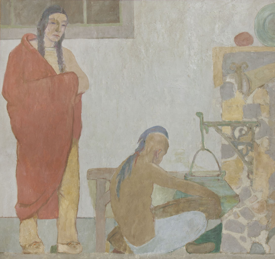 A painting depicting two Native American men. One is standing while the other sits in front of a hearth. 