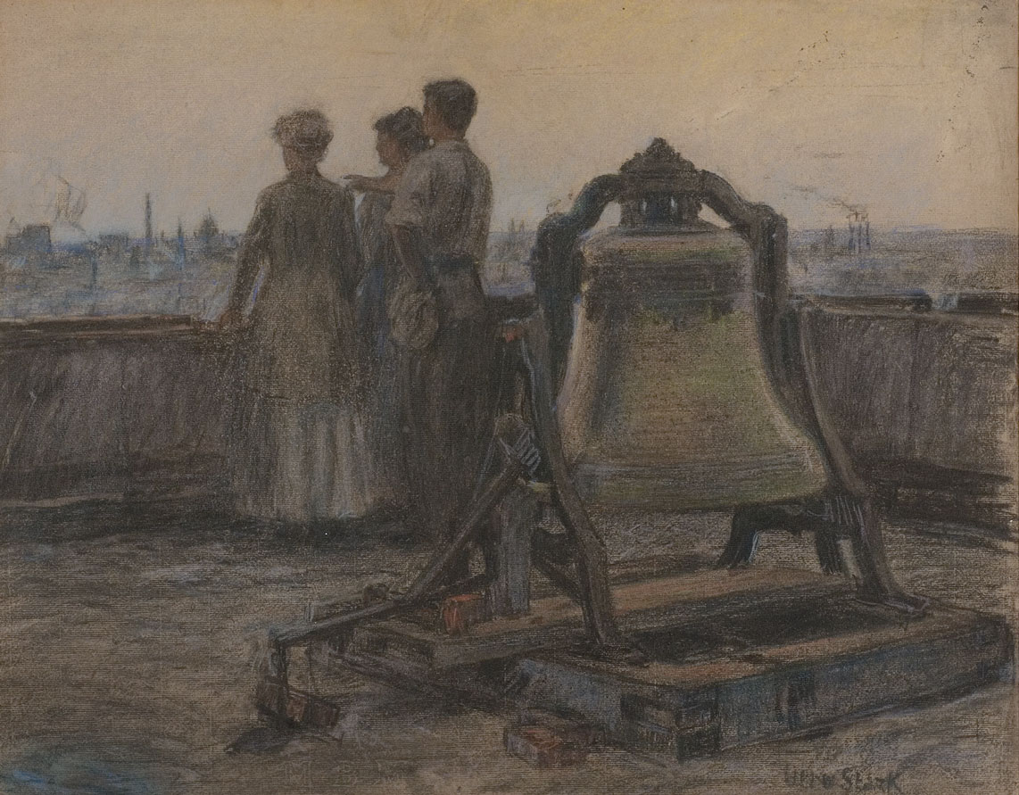 A painting depicting three people standing on a roof looking over the city. A large bell is in the foreground. 