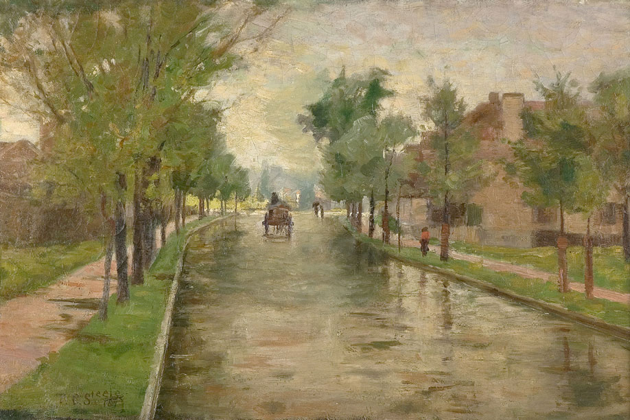 Steele's painting depicts a street flanked by small trees with a horse and buggy in the distance. 