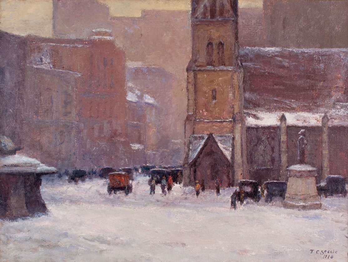 A painting depicting a snow covered city street scene. People and wagons fill the street in front of a church. 