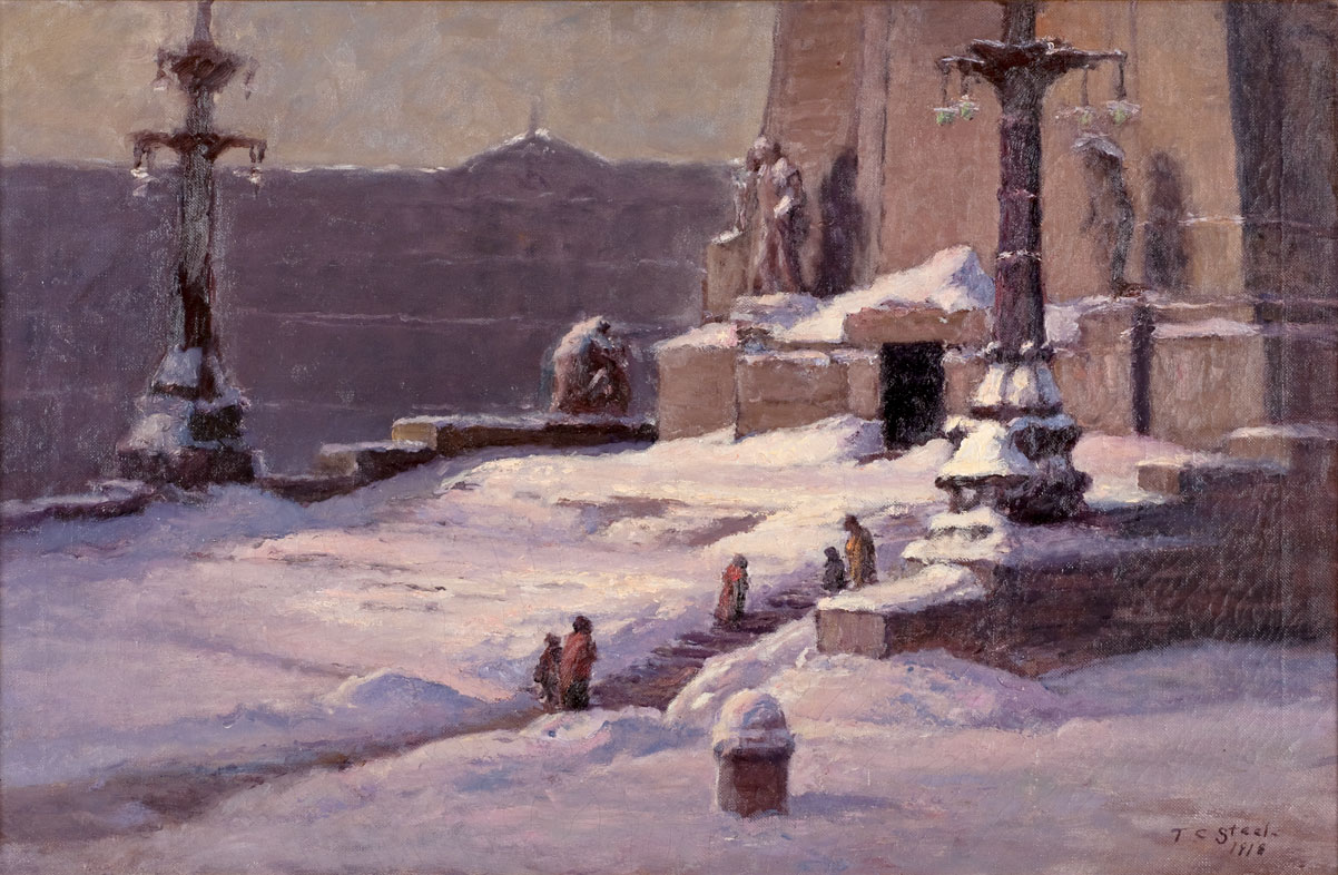 A painting depicting snow covering the steps leading to a monument. A path is shoveled up to the monument and people are climbing the stairs.