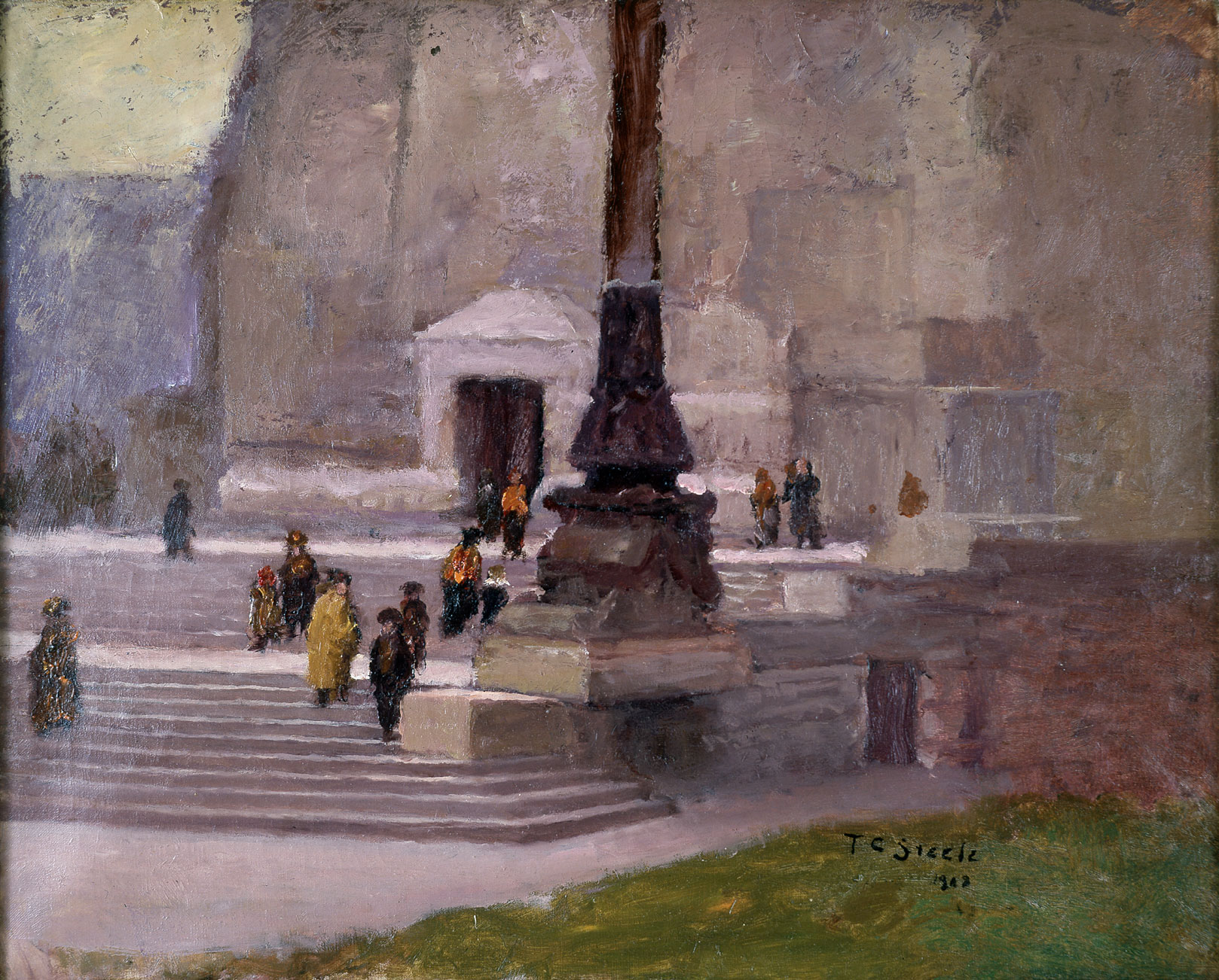 A painting depicting people climbing steps to a monument.