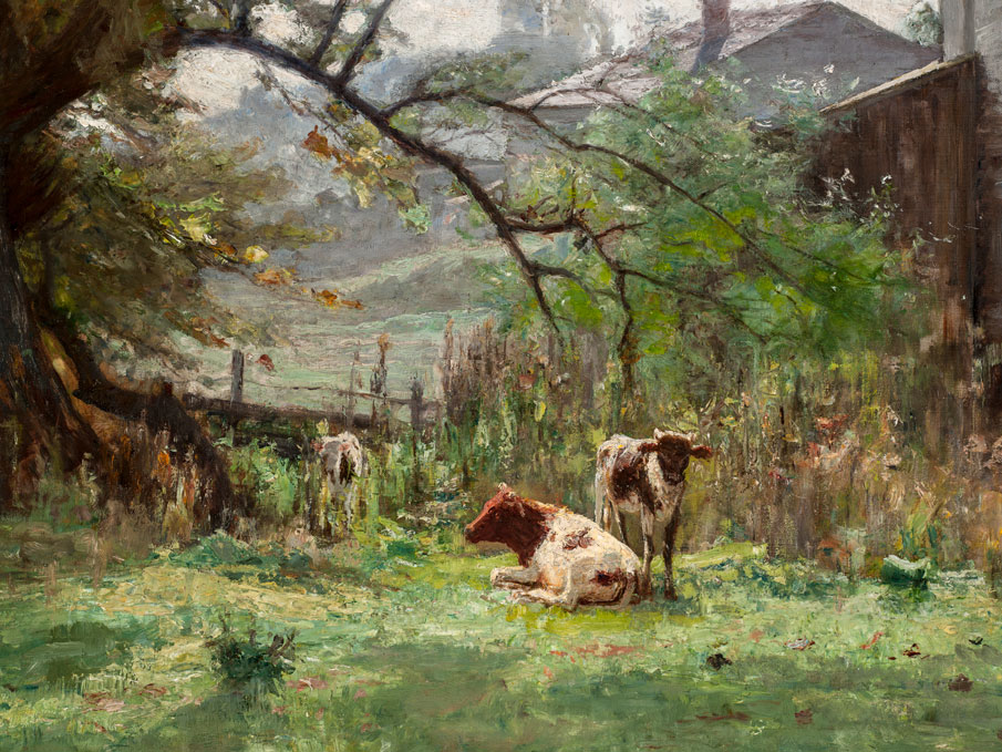 A painting depicting cattle resting in a meadow with a large tree to one side and buildings in the background. 