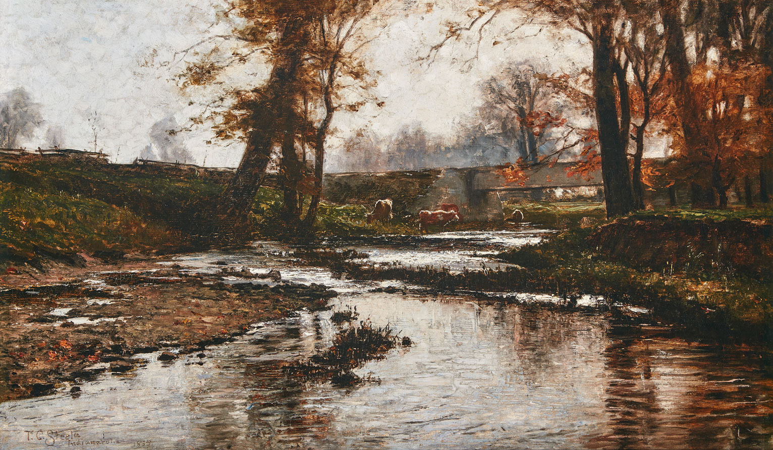 A painting depicting cattle standing in a creek. A bridge spans the creek in the background. 