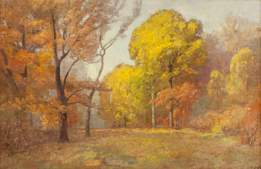 A painting depicting a forest scene with trees of varying shades of green and orange. 